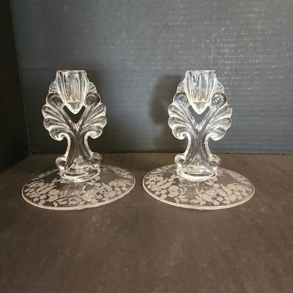 Florentine New Martinsville Pair Candlesticks Etched Elegant Depression Glass